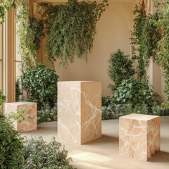 The product is showcased on a trendy pedestal, surrounded by a clean, modern setting. With a backdrop of natural stone and a minimalist design, the exhibit creates a sophisticated atmosphere.