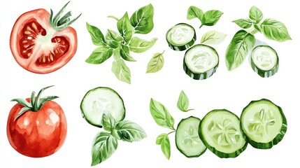 Vegetables and farm produce. Collection set watercolor fresh farm vegetables. Fresh herbs and vegetables arrangement.