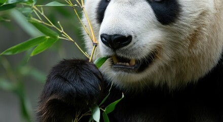 Obraz premium Close-up of panda eating bamboo, focused on face and lush greenery