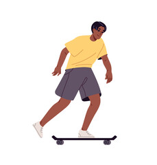 Happy African American boy rides on skateboard outdoors in summer. Black teen skates on board. Young skater has fun with longboard on street. Flat isolated vector illustration on white background