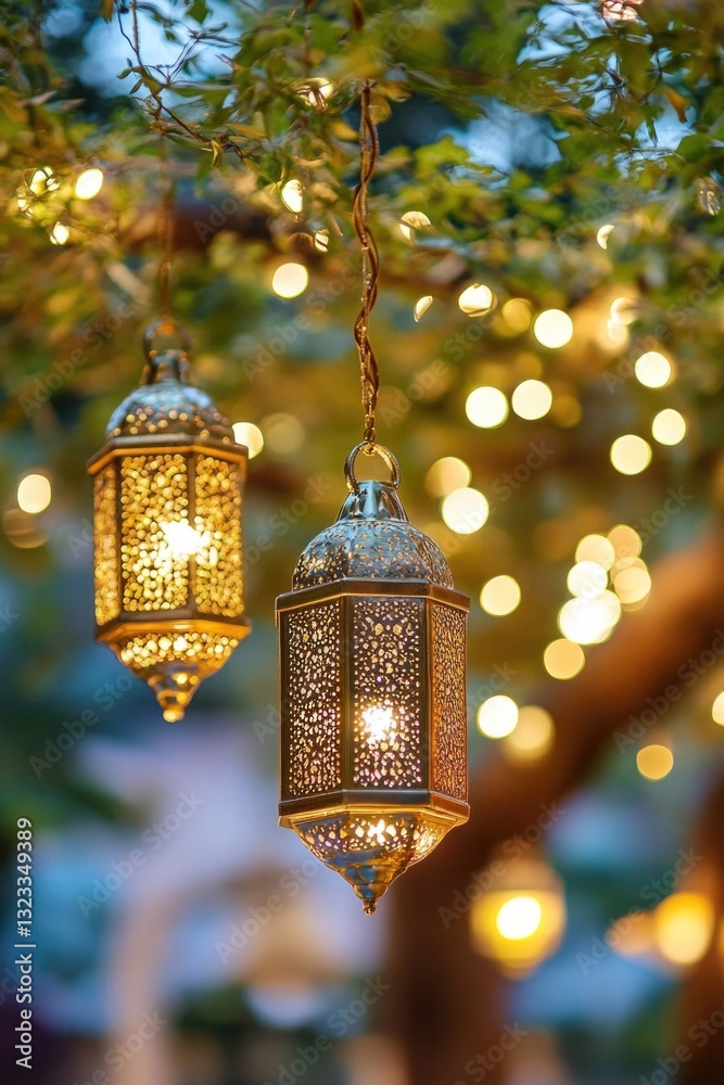 Poster a pair of lights hung from a tree branch, creating a warm and cozy atmosphere