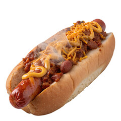 Chili Cheese Hot Dog with Sesame Bun Isolated on Transparent Background
