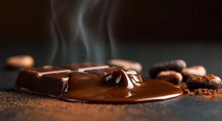 Steaming, melted chocolate with cocoa beans and powder
