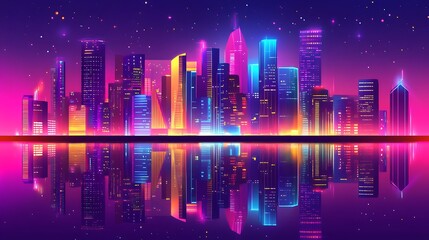 City skyline, neon lit, reflected in water, glowing night, used for futuristic design