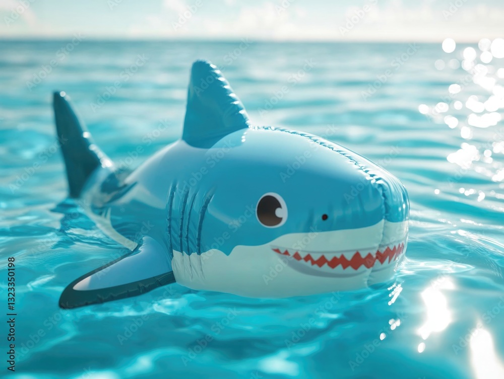 Poster a plastic toy shark floats on the surface of a calm pool of water, perfect for use in illustrations 