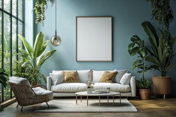 Simple living room with light blue walls, sofa, armchair, coffee table, white blank poster frame, and warm natural lighting for a cozy home interior.