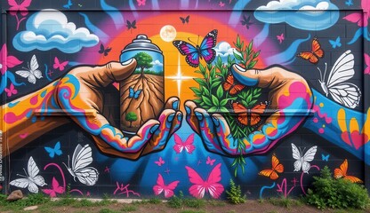 Vibrant Mural Depicting Nature and Transformation with Butterflies