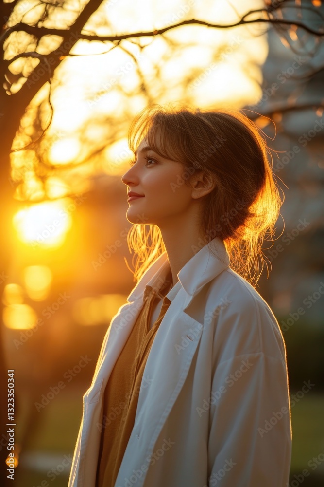 Aufkleber a woman stands in front of a tree as the sun sets behind her, creating a warm and peaceful atmospher