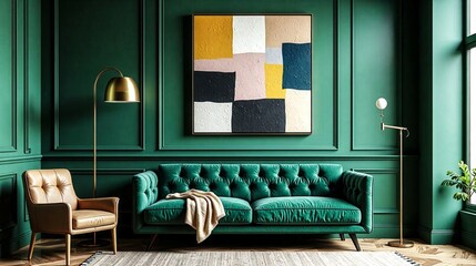 A green couch sits in a room with a large abstract painting on the wall. The room is decorated in a modern style with a tan chair and a lamp. The painting is colorful and has a unique design
