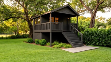 Fototapeta premium A modern black house surrounded by lush green trees and manicured lawn, showcasing beauty in architecture and nature's harmony.