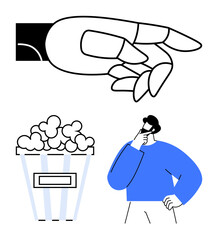 Large hand gesturing near popcorn bucket, man scratching chin thoughtfully, considering leisure or snack choice. Ideal for decision-making, leisure, entertainment, choice, creativity, snack metaphor
