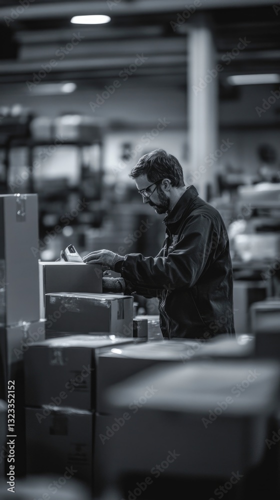 Poster a worker in a warehouse setting up and maintaining printing equipment