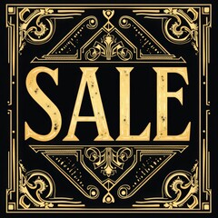 "Art Deco Vintage Typography 'SALE' Sign Poster with Geometric Patterns in Gold and Black"