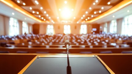 Empty conference room with microphone on podium in brightly lit auditorium