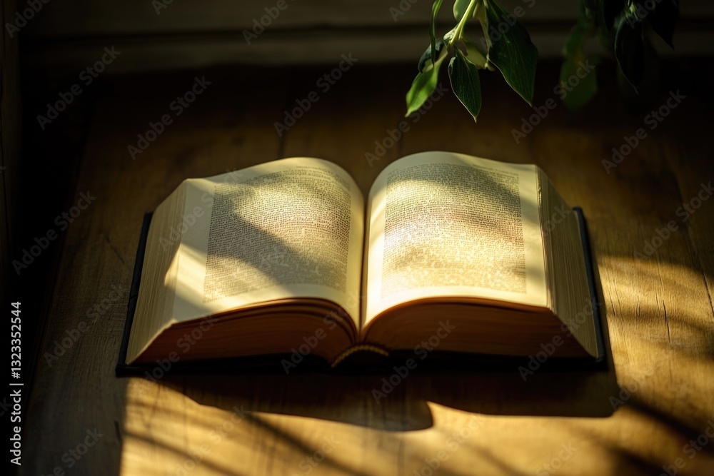 Poster a book sits on a wooden table with its pages spread open