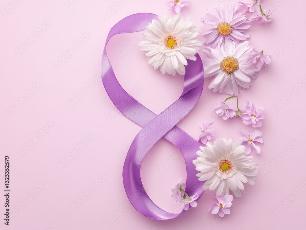 Poster a purple ribbon and bouquet of flowers on a soft pink background, ideal for adding a touch of elegan