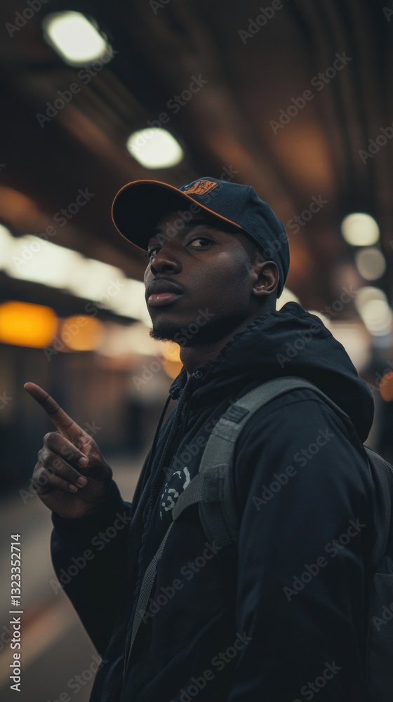 Poster a man stands in a train station, pointing at an object or person