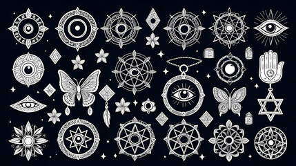 Lucky charms and symbols set. Fortune amulets, horseshoe, dice, shooting star, hamsa, dreamcatcher, evil eye, magic protection talismans for good luck and success. Isolated flat vector illustrations