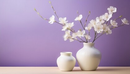 Obraz premium Two minimalist white ceramic vases with delicate cherry blossoms against a pastel purple background.