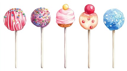candy and sweets watercolor collection isoleate background Collection set watercolor. Colorful cake pops with various designs and toppings.