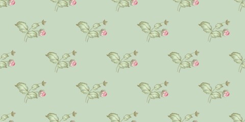 Seamless floral pattern with  a bouquet of pink roses on a green background. Ideal for delicate look, wedding, birthday, summer dress, children party,  bed linen, gifts, home decor