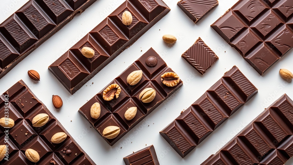 Poster Handmade dark and milk chocolate bars with nuts arranged in a visually appealing pattern on a white background from a top view perspective.
