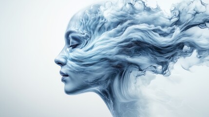 Abstract artistic rendering of a woman&rsquo;s face dissolving into smoke. Concept of ethereal transformation