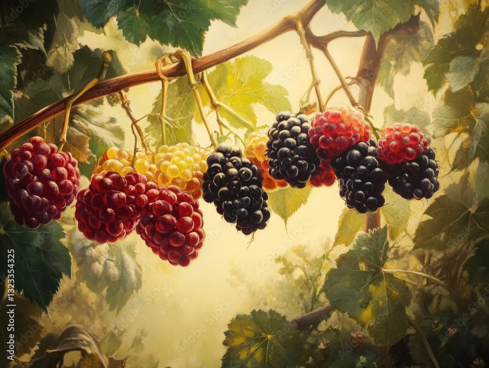 Poster a cluster of ripe grapes hangs from a lush vine, ideal for photography or design projects