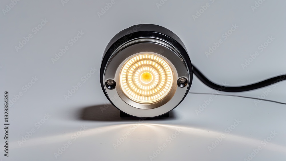 Poster illuminated circular led lamp with warm light against a soft gray background showcasing metallic det