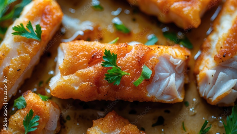 Poster close-up of golden crispy fish sticks garnished with fresh parsley on a warm plate with a blurred ba