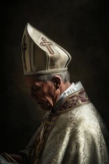 A person wearing a priest's hat and robes sits reading a book, possibly a spiritual or philosophical text