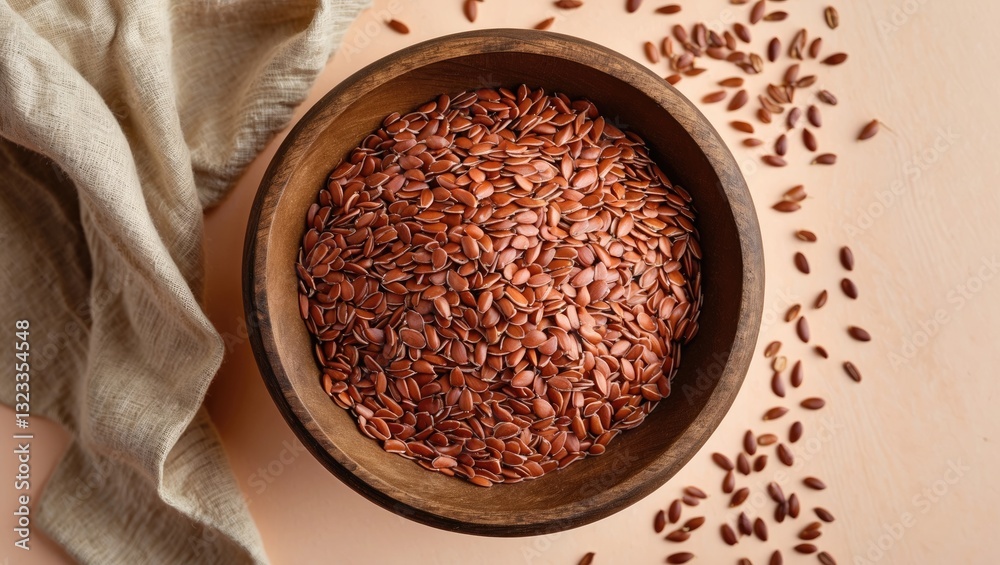 Poster brown flax seeds in a wooden bowl centered against a soft pastel peach background with scattered see
