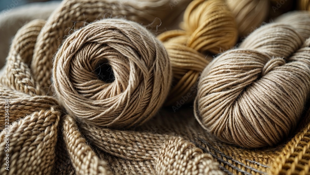 Poster close-up of beige jute yarns rolled into spirals on textured natural fabric showcasing intricate pat