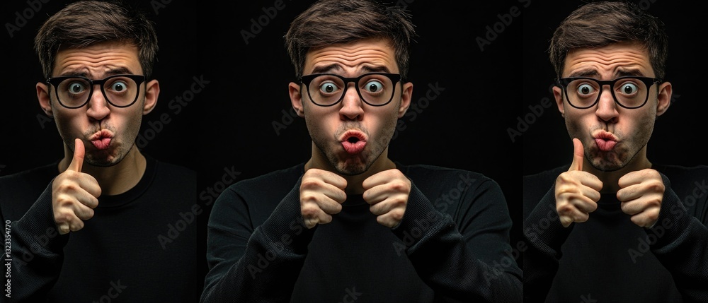 Poster a person creating a humorous expression with their fingers