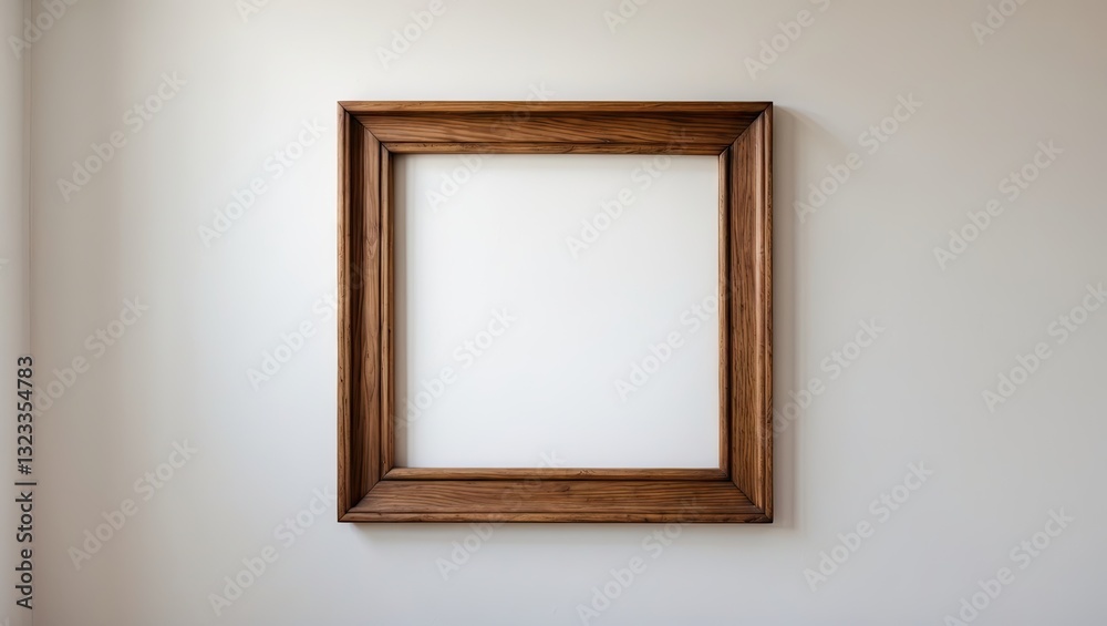 Poster Classic wooden picture frame in warm brown tones centered against a clean white wall with ample negative space for artwork display.