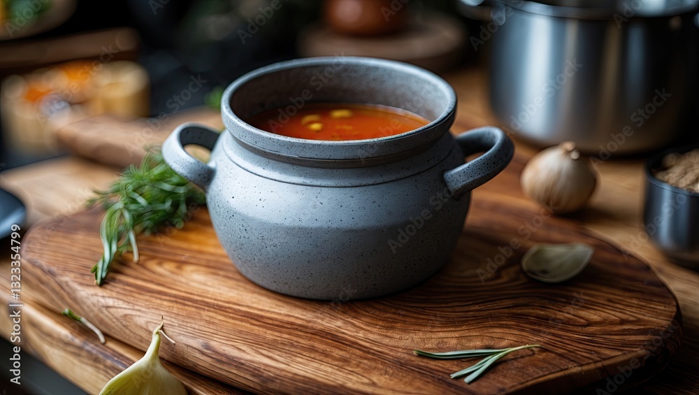 Poster close-up of a rustic gray pot with soup on a wooden cutting board surrounded by herbs and vegetables