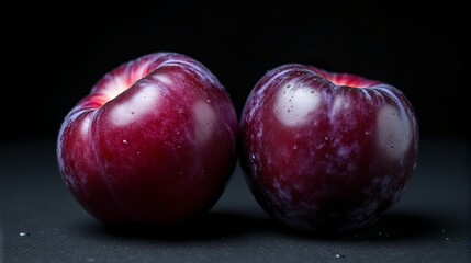 Obraz premium Two Ripe Plums with Stems on Dark Textured Surface Still Life