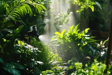 A sprinkler sprays water on a lush green garden, perfect for irrigation or gardening needs