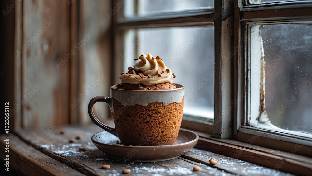 Aufkleber brown mug cake topped with creamy frosting sits on a saucer by a rustic wooden window with natural l