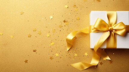 Elegant white gift box with golden ribbon and bow on golden background with star shaped confetti, perfect for celebrating special occasions