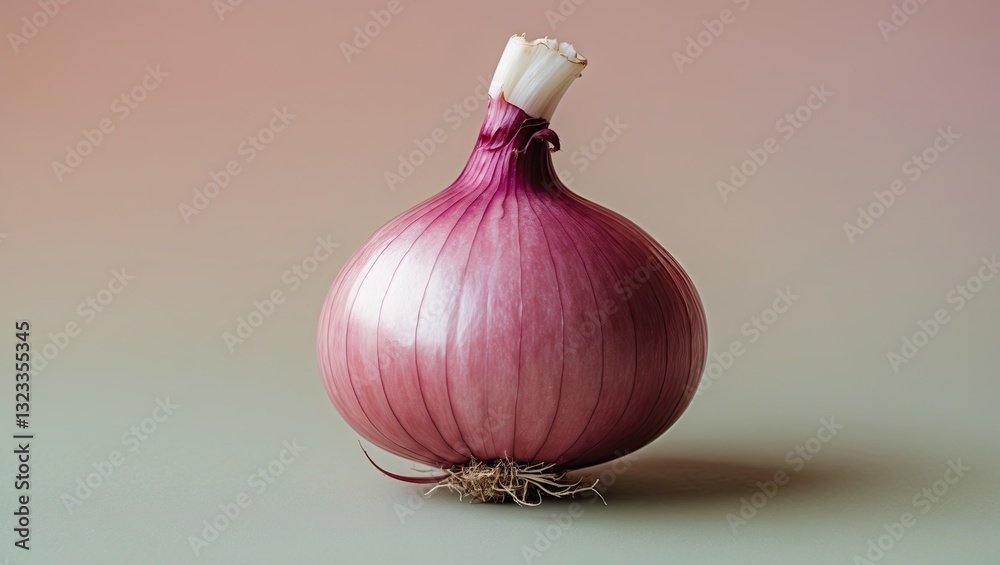 Poster Close-up of a vibrant red onion centered against a soft pastel gradient background showcasing delicate layers and root details.