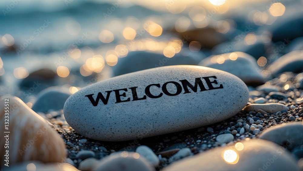 Poster engraved welcome text on smooth light gray pebble positioned prominently on sandy beach, soft focus 