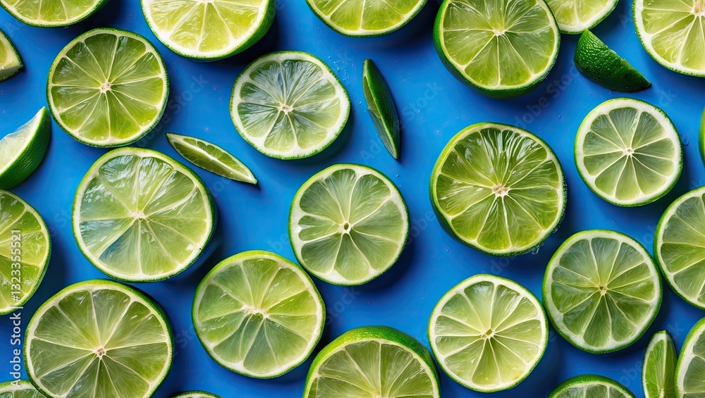 Poster Lime slices arranged in a colorful pattern on a vibrant blue background. Flat lay composition with ample copy space for text or design.