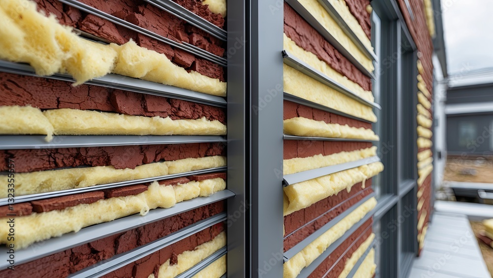 Poster close-up view of exterior wall insulation system featuring yellow foam between red brick and gray me
