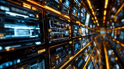 Fototapeta premium Futuristic Technology Interface Abstract Digital Screens Data Streams and Orange Glowing Lines