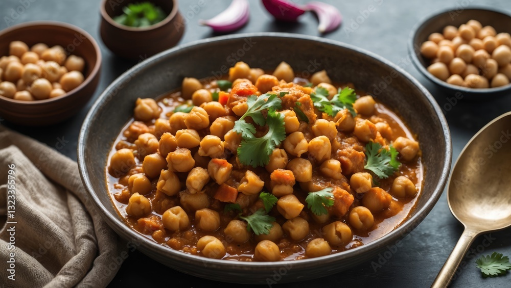 Aufkleber chana masala in a dark bowl topped with fresh cilantro surrounded by chickpeas in wooden bowls on a 