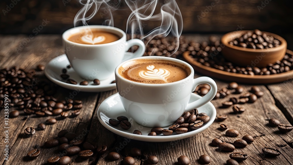 Poster warm brown coffee cups with steam positioned on a rustic wooden surface surrounded by coffee beans, 
