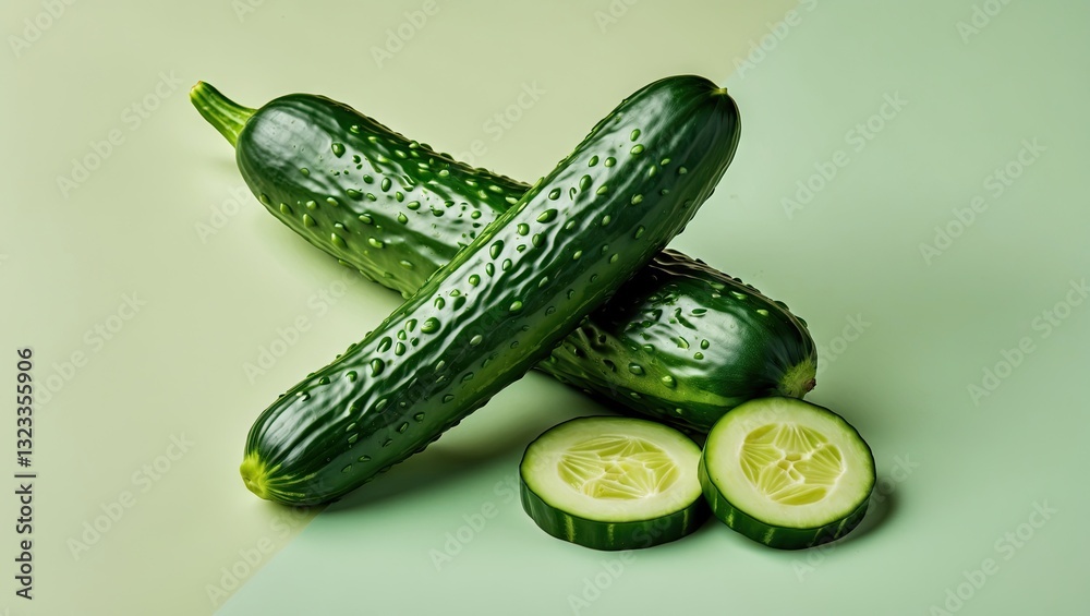 Poster Fresh green cucumbers positioned diagonally on a split pastel green background with sliced cucumber rounds in the foreground, showcasing natural food aesthetics.