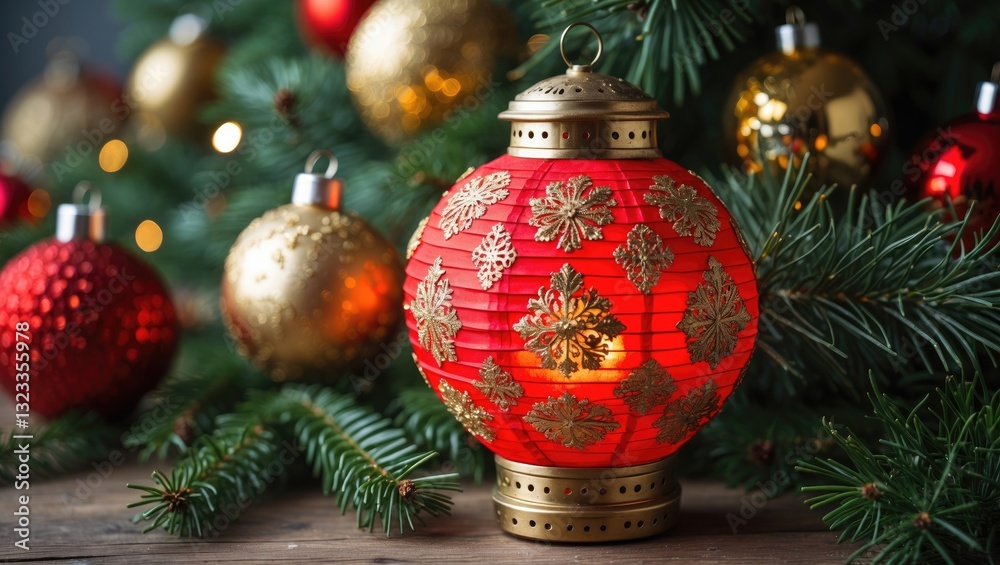 Poster closeup of a vibrant red lantern adorned with gold patterns surrounded by golden and red christmas b