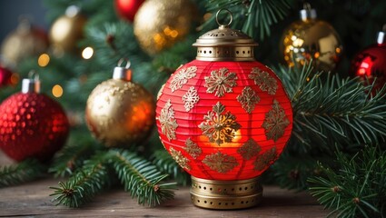 Closeup of a vibrant red lantern adorned with gold patterns surrounded by golden and red Christmas baubles on lush green fir branches.